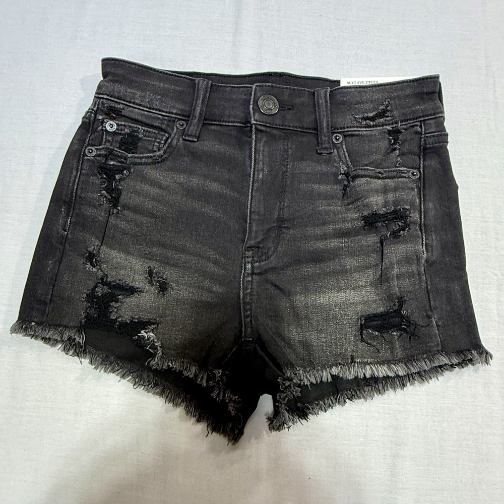 American Eagle Women's 0 Next Level Stretch Hi-Rise Shortie Denim Shorts Black